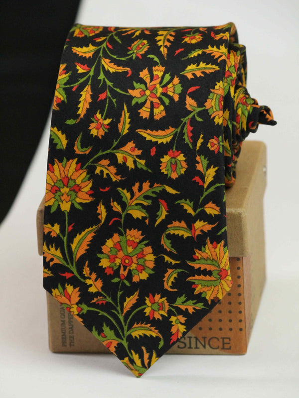 Black & Orange Floral Printed Silk Necktie