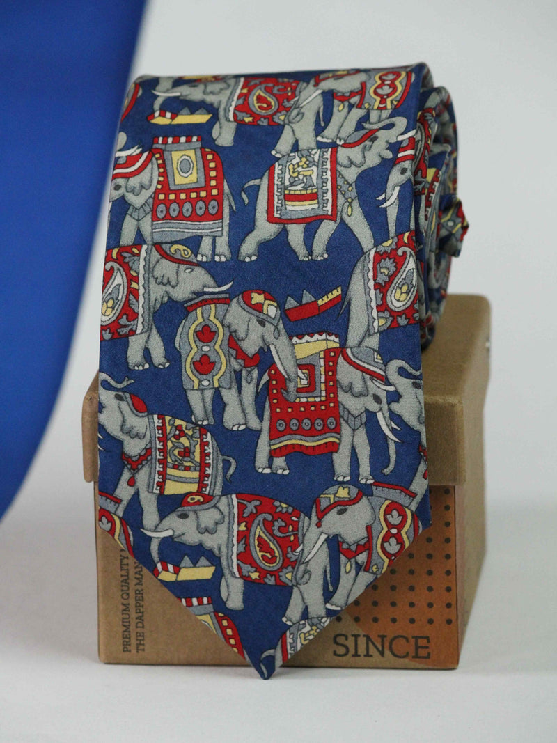 Blue Elephant Printed Silk Necktie