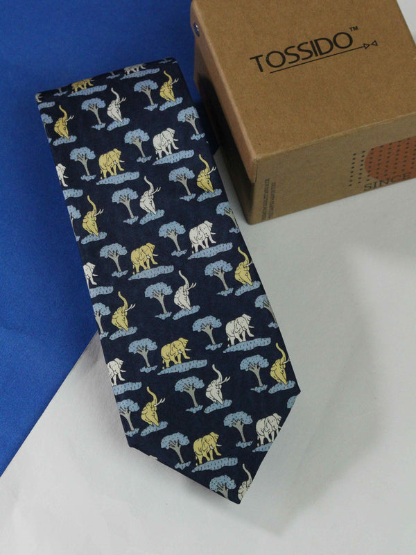 Blue Elephant Printed Silk Necktie