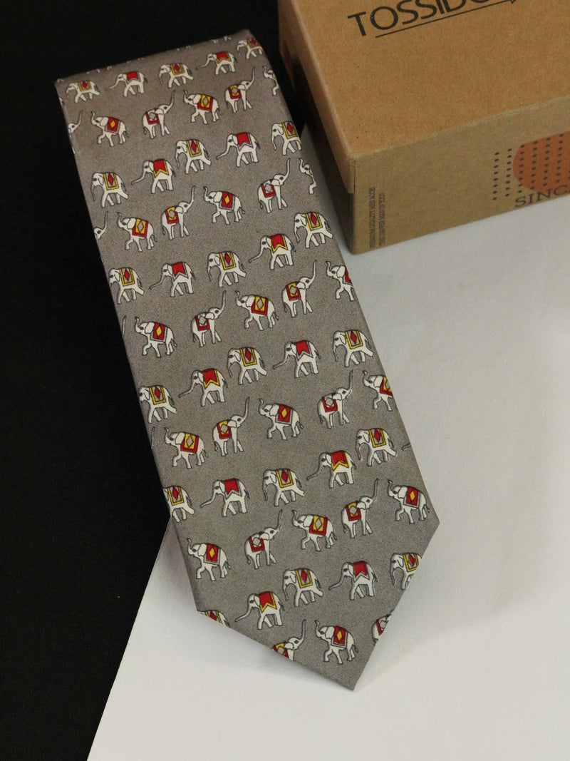 Grey Elephant Printed Silk Necktie