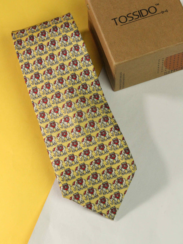 Yellow Elephant Printed Silk Necktie