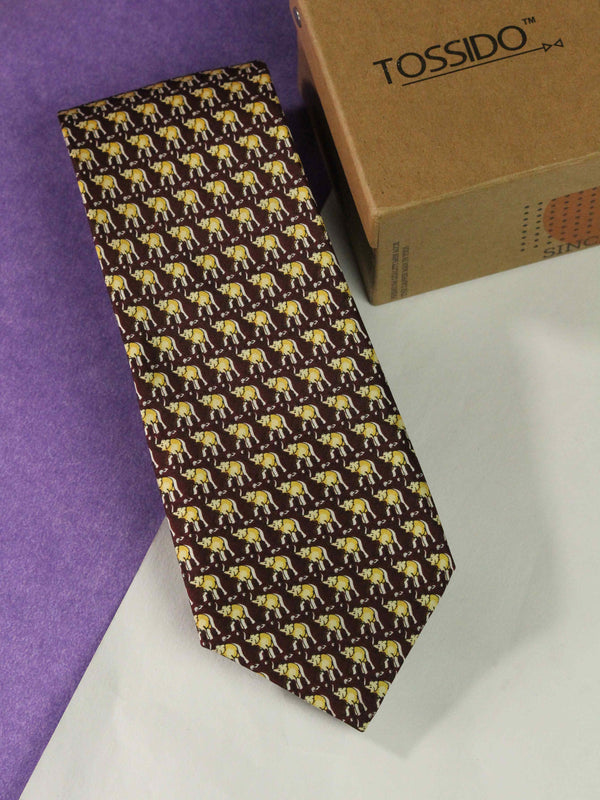 Purple & Yellow Elephant Printed Silk Necktie