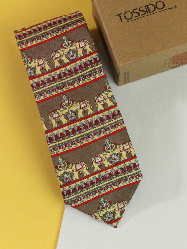 Brown Elephant Printed Silk Necktie