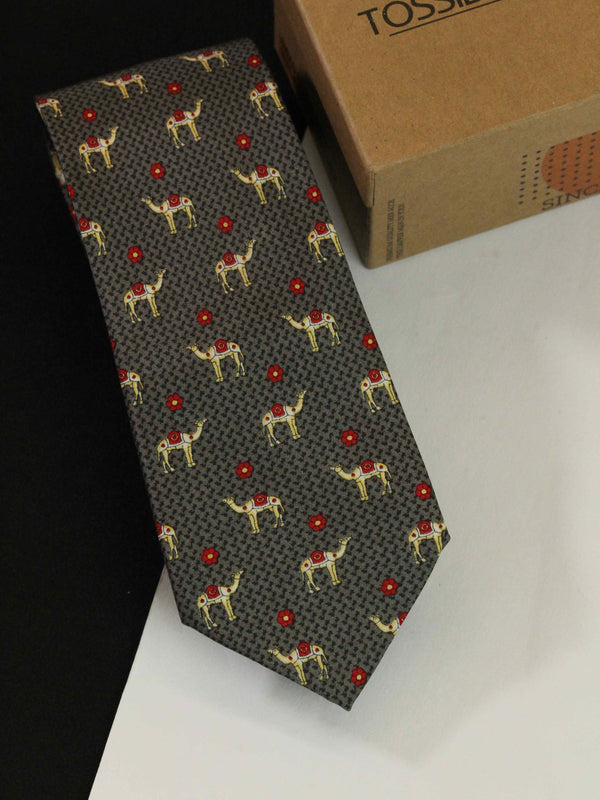 Grey Camel Printed Silk Necktie