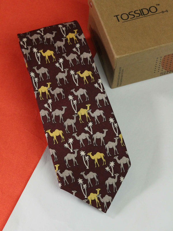 Maroon Camel Printed Silk Necktie