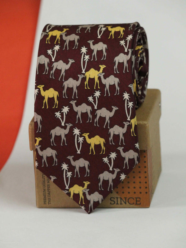 Maroon Camel Printed Silk Necktie