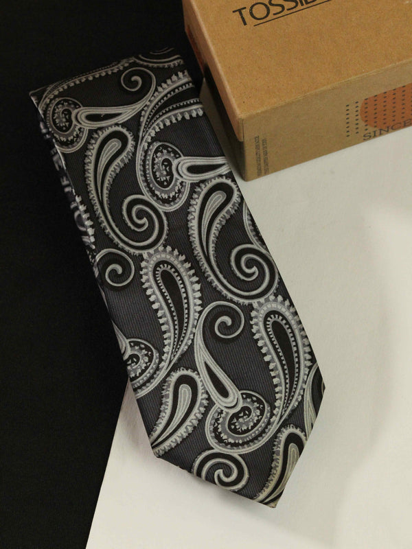 Grey Paisley Printed Silk Necktie