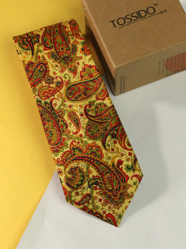 Yellow Paisley Printed Silk Necktie