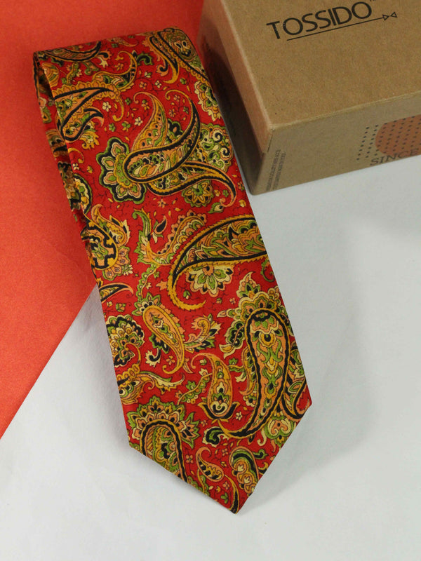 Orange Paisley Printed Silk Necktie