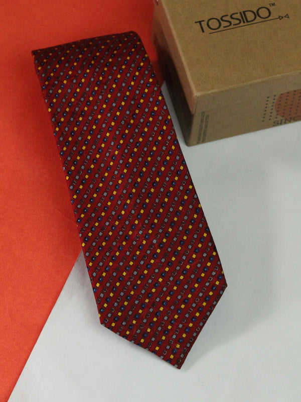 Maroon Geometric Printed Silk Necktie