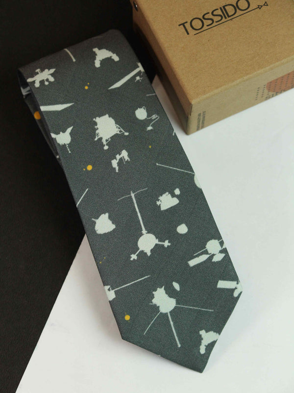 Grey Satellite Printed Silk Necktie