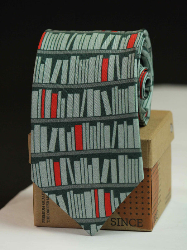 Grey Bookshelf Printed Silk Necktie