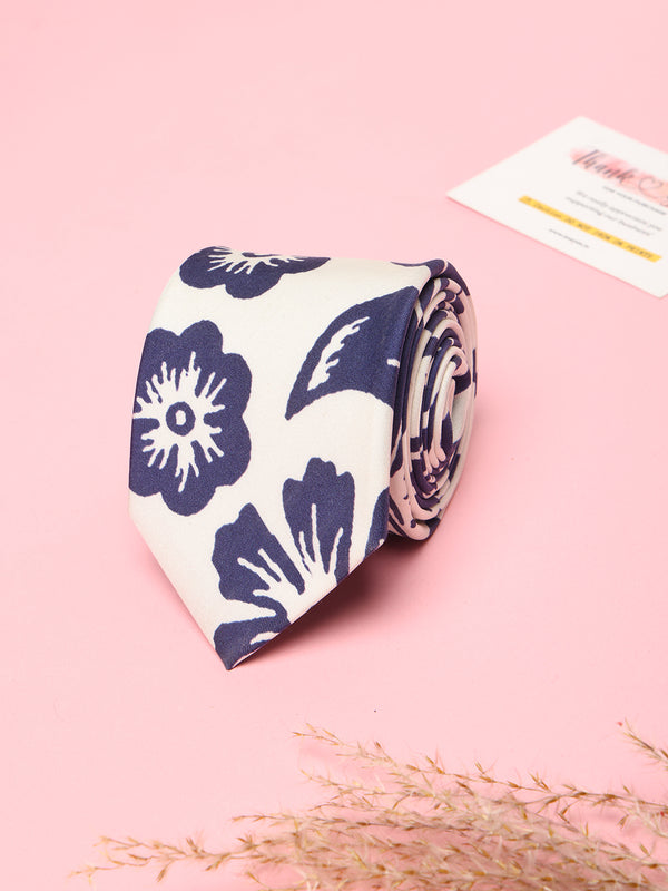 White Floral Printed Silk Tie