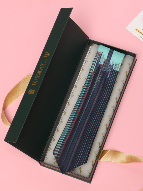 Aqua & Midnight Stripe Printed Silk Tie