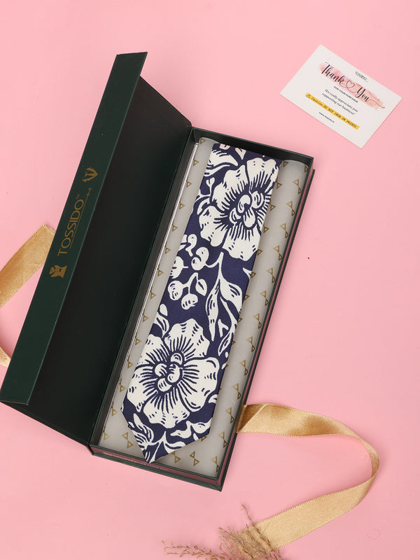 Blue & White Floral Printed Silk Tie