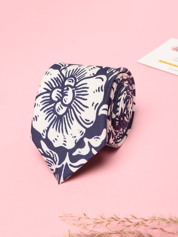Blue & White Floral Printed Silk Tie