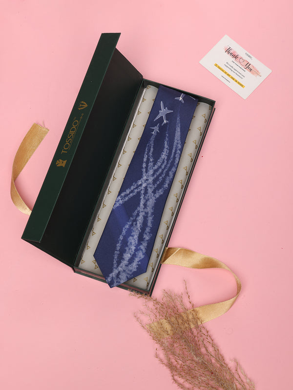 Blue Novelty Printed Silk Tie