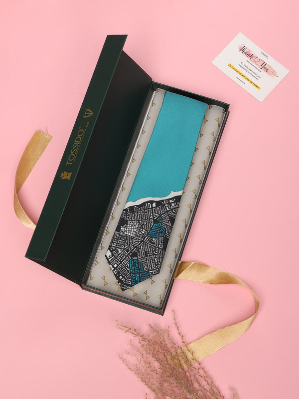 Teal & Black Printed Silk Tie - Map Design
