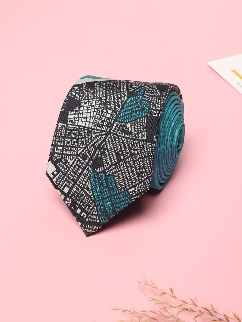 Teal & Black Printed Silk Tie - Map Design