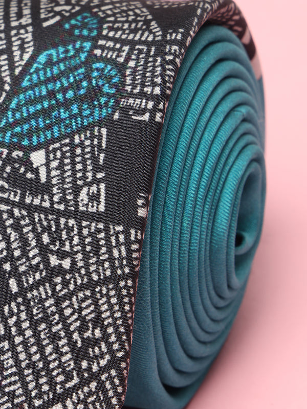 Teal & Black Printed Silk Tie - Map Design