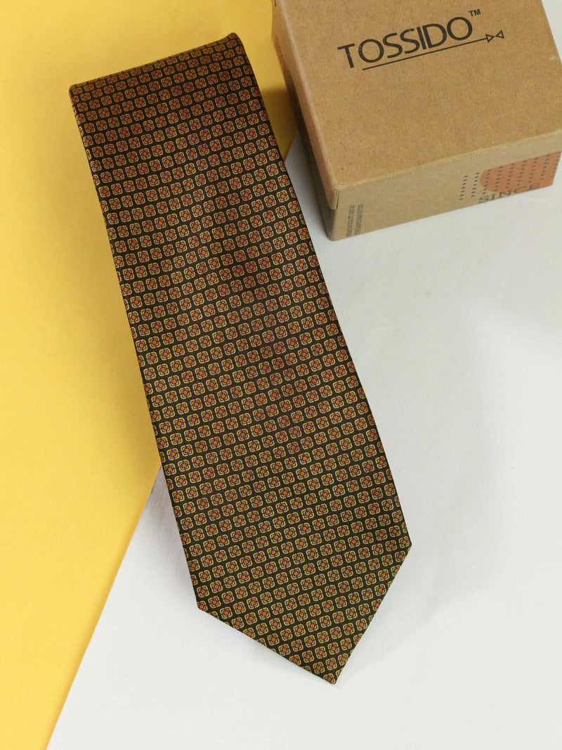 Brown Geometric Printed Silk Necktie