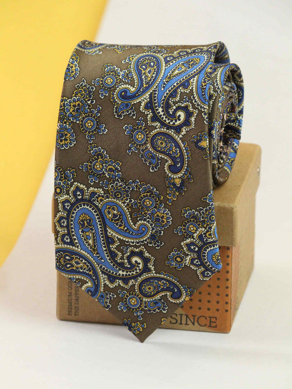 Brown & Blue Paisley Printed Silk Necktie