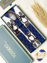 Blue Check Elastic Suspender with Brown Leather Trims