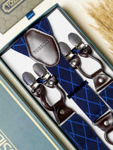 Blue Check Elastic Suspender with Brown Leather Trims