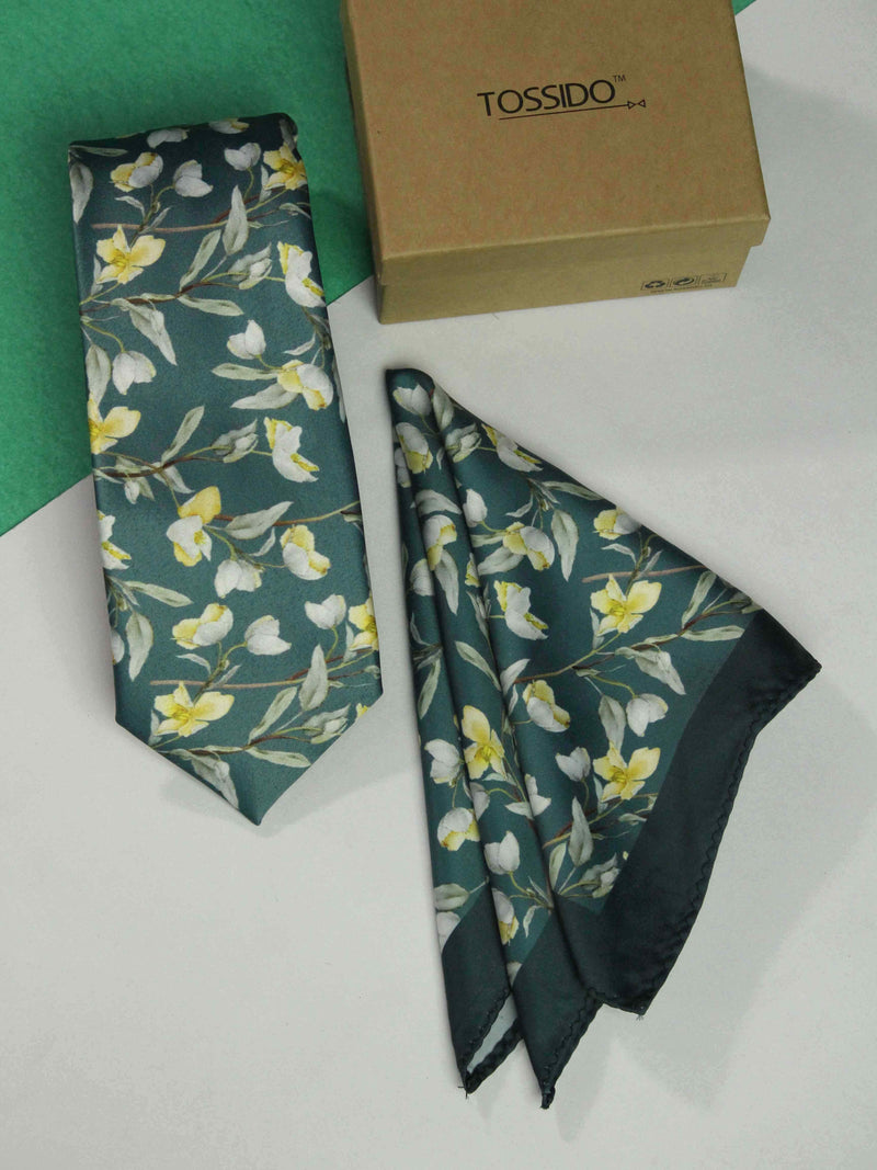 Blue Floral Printed Necktie and Pocket Square Set