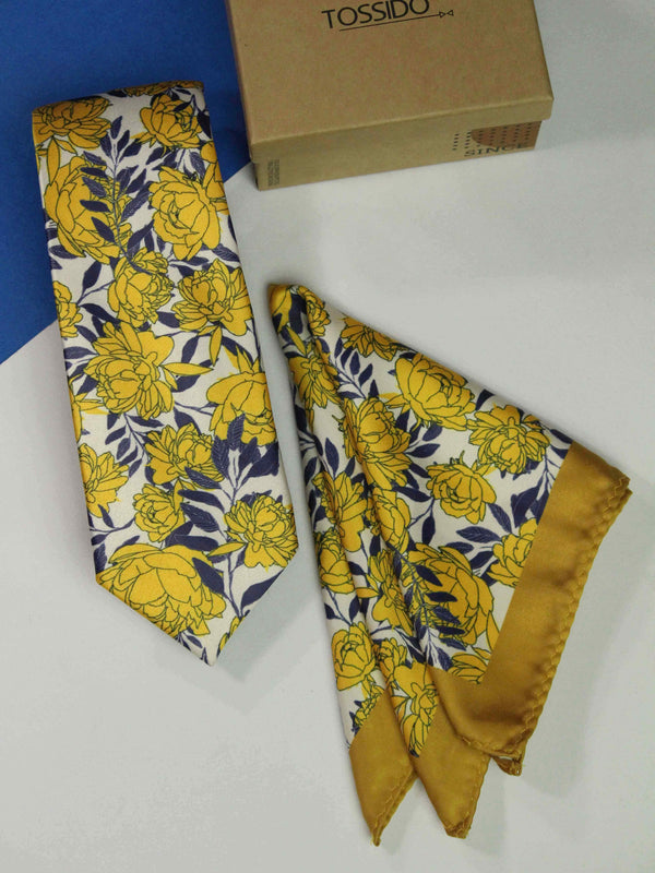 Yellow Floral Printed Necktie and Pocket Square Set