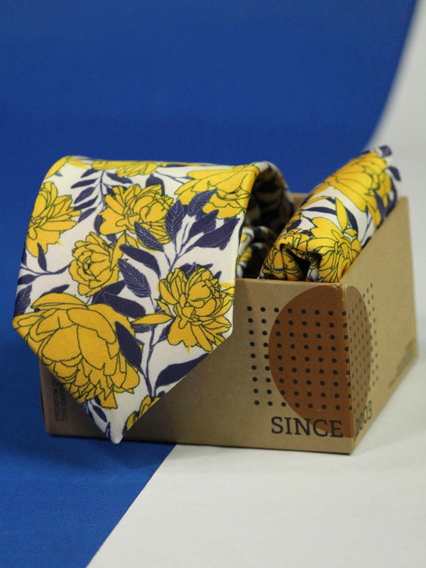 Yellow Floral Printed Necktie and Pocket Square Set