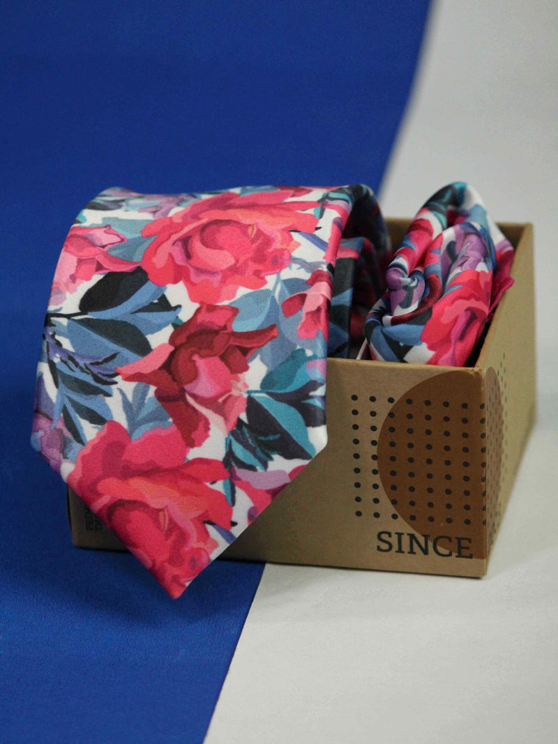 Pink Floral Printed Necktie and Pocket Square Set