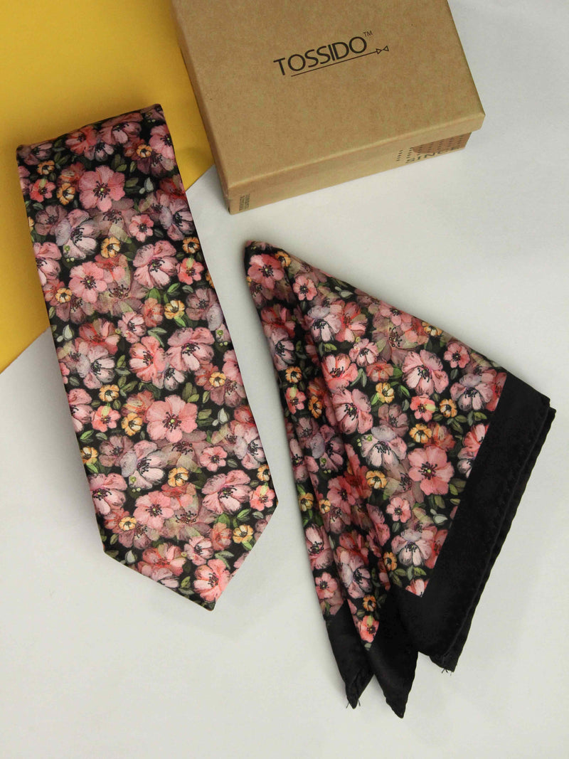 Multicolor Floral Printed Necktie and Pocket Square Set