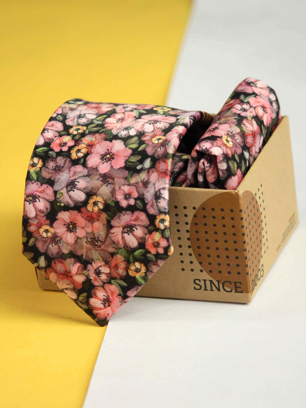 Multicolor Floral Printed Necktie and Pocket Square Set