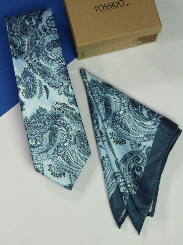 Blue Paisley Printed Necktie and Pocket Square Set