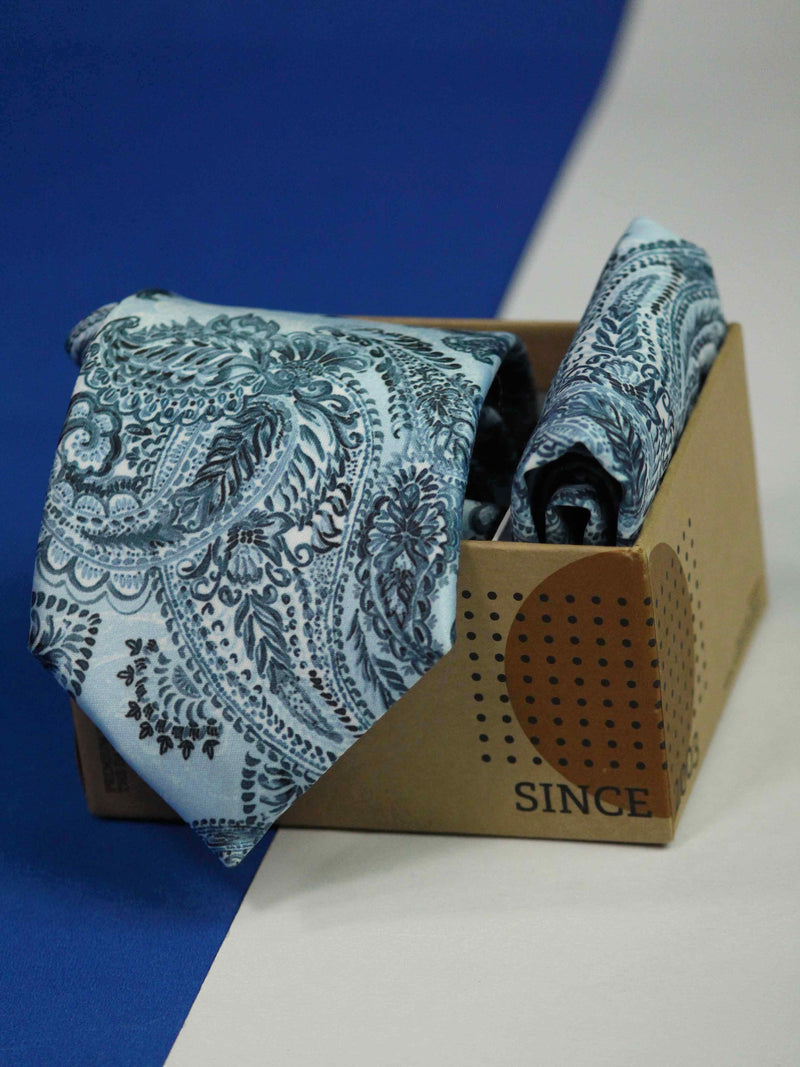 Blue Paisley Printed Necktie and Pocket Square Set