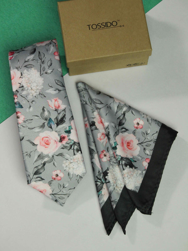 Grey Floral Printed Necktie and Pocket Square Set