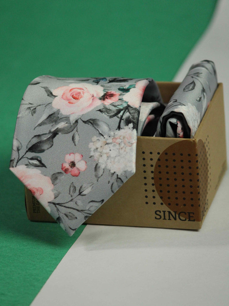 Grey Floral Printed Necktie and Pocket Square Set