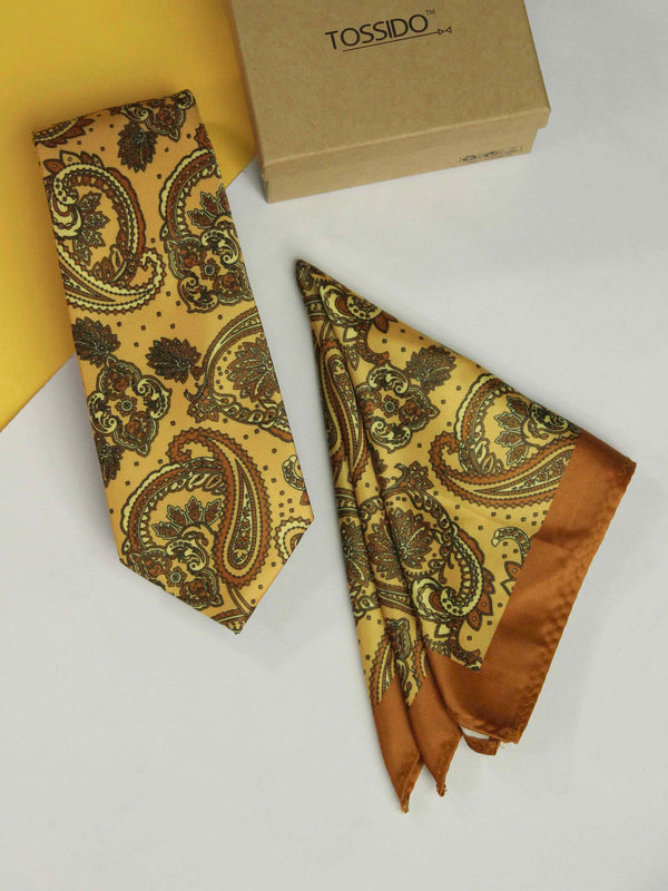 Mustard Paisley Printed Necktie and Pocket Square Set