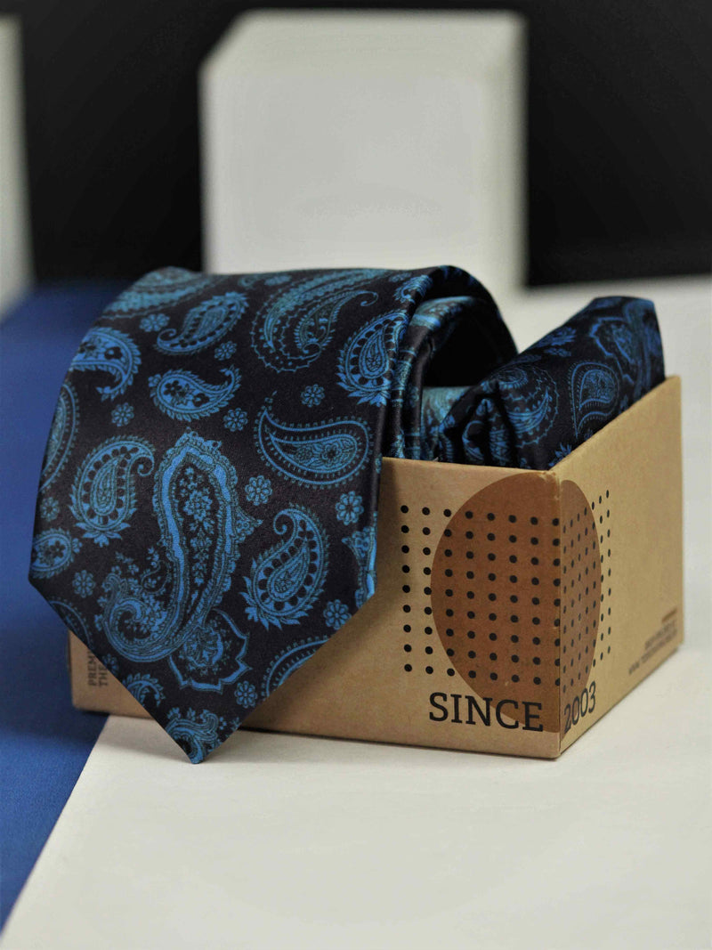 Blue Paisley Printed Necktie and Pocket Square Set