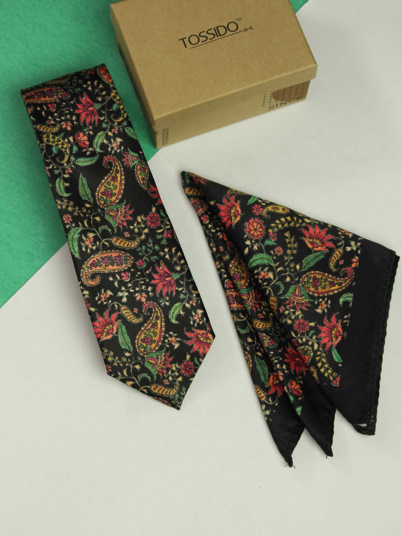 Black Paisley Printed Necktie and Pocket Square Set