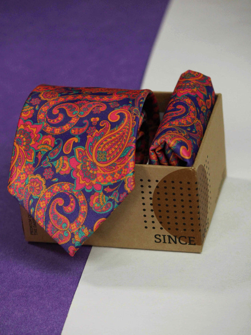 Purple Paisley Printed Necktie and Pocket Square Set