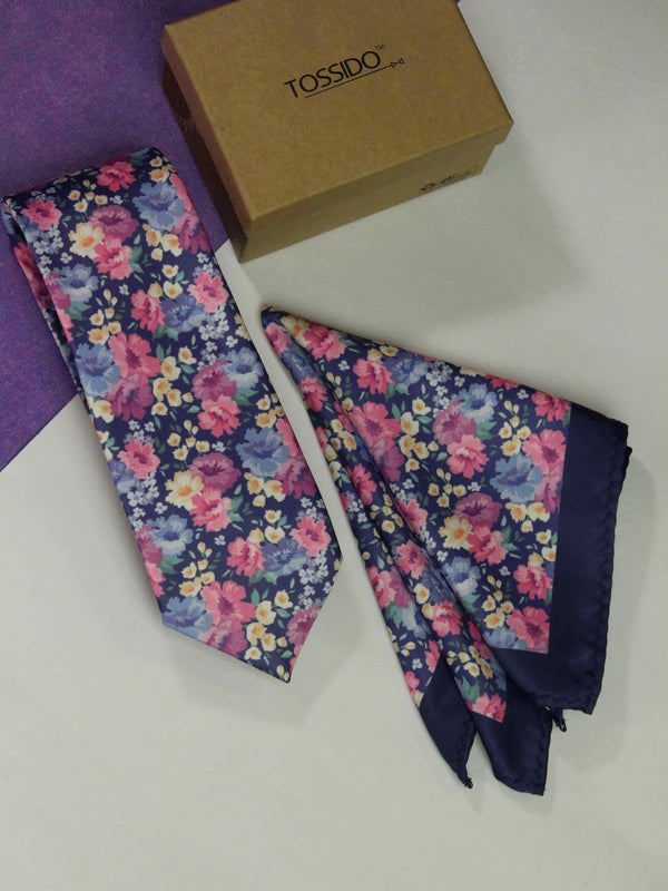 Purple Floral Printed Necktie and Pocket Square Set