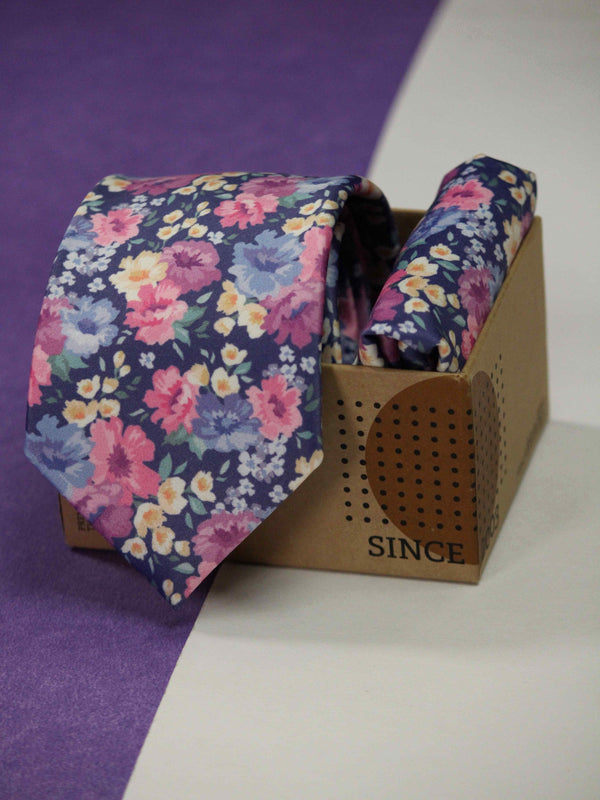 Purple Floral Printed Necktie and Pocket Square Set