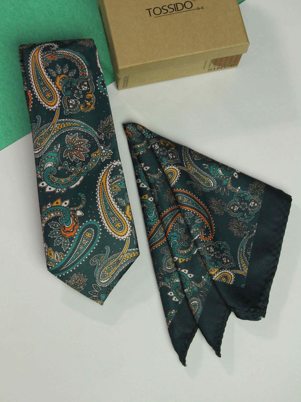 Green Paisley Printed Necktie and Pocket Square Set