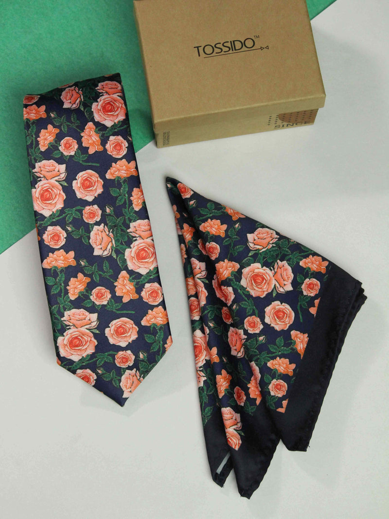 Blue Floral Printed Necktie and Pocket Square Set