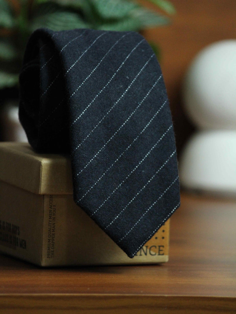 Navy Blue Striped Wool Skinny Necktie