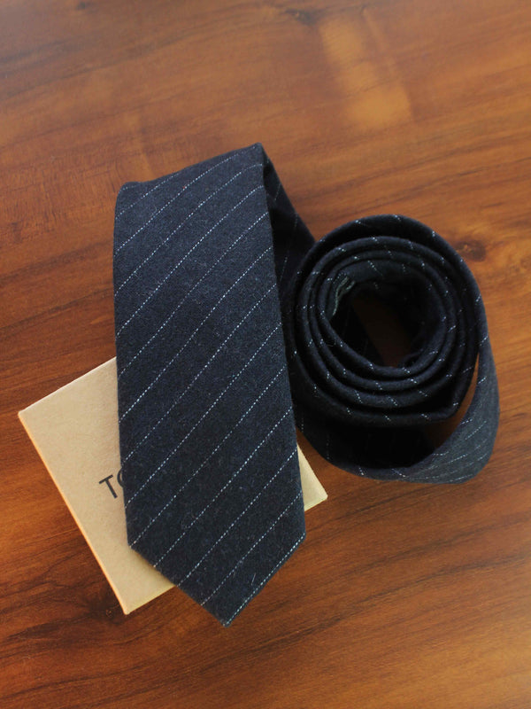 Navy Blue Striped Wool Skinny Necktie