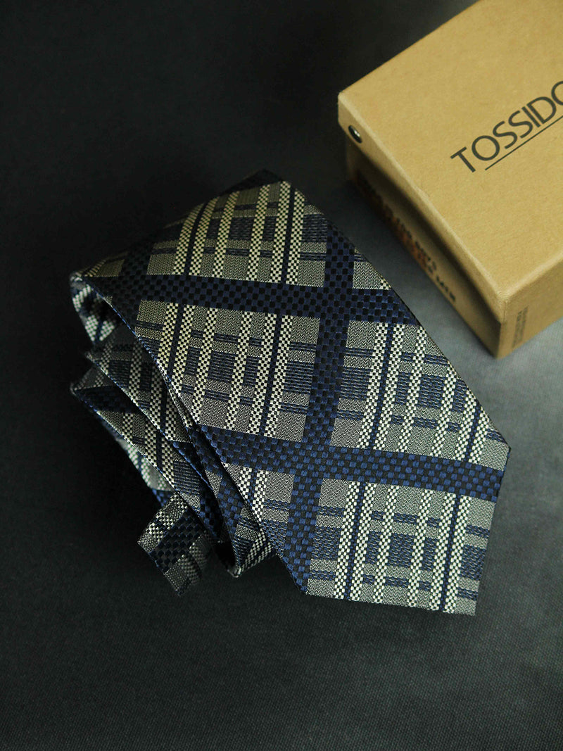 Blue & Grey Check Woven Silk Necktie