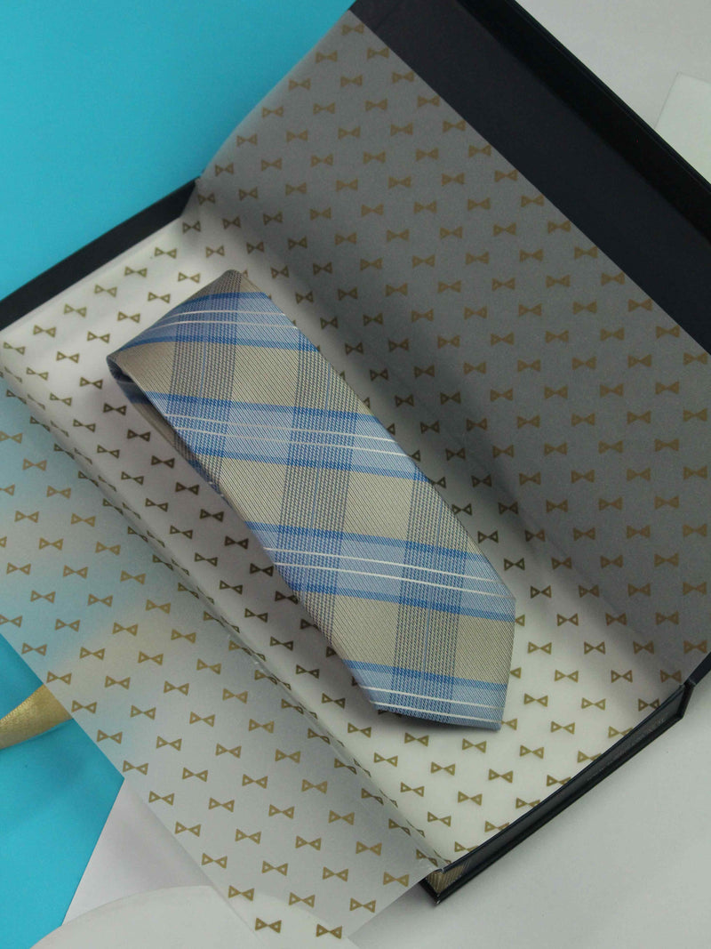 Beige & Blue Check Handmade Silk Necktie